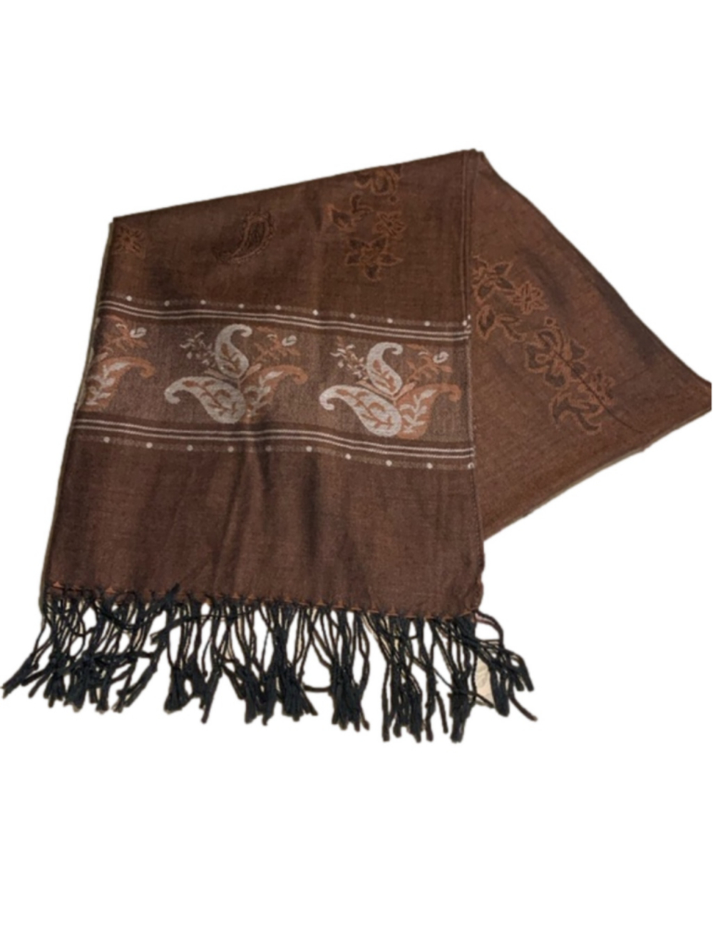Large brown shawl scarf pashmina with paisley floral pattern